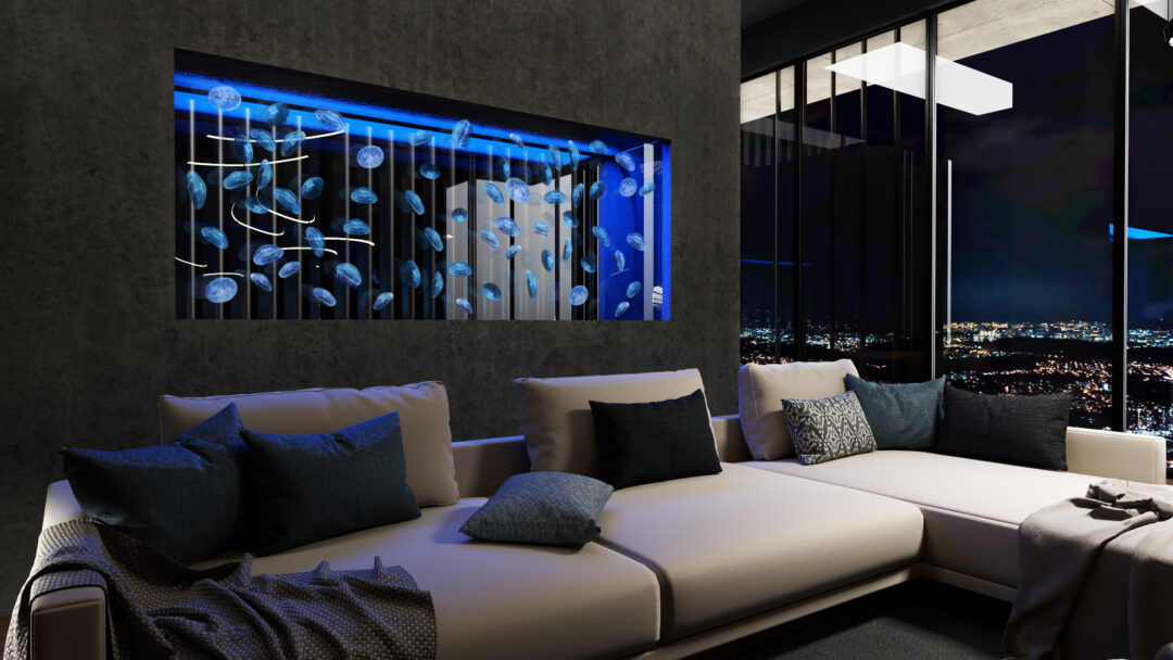 Jellyfish aquarium wall in a modern living room at night